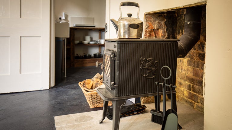 The woodburner at St Mark's Bothy, Brownsea Island, Dorset